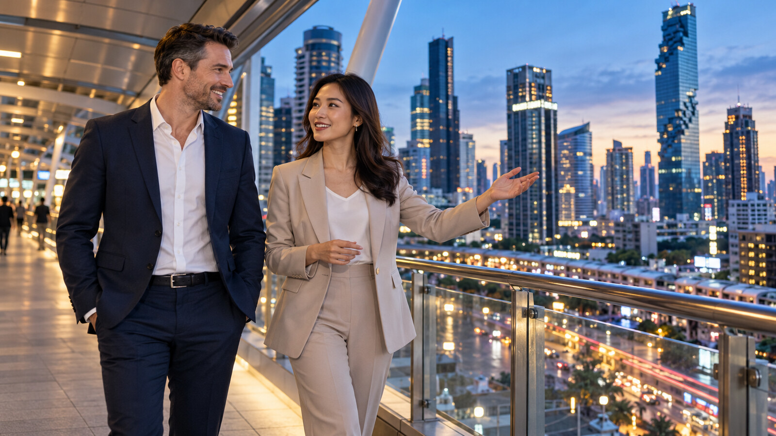 Australian professional and Thai adviser discussing LTR options on a Bangkok skybridge