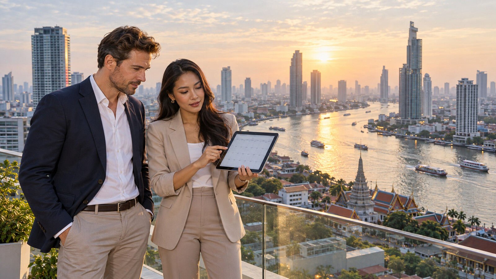 Australian client and Thai adviser reviewing a calendar above Bangkok and the Chao Phraya River