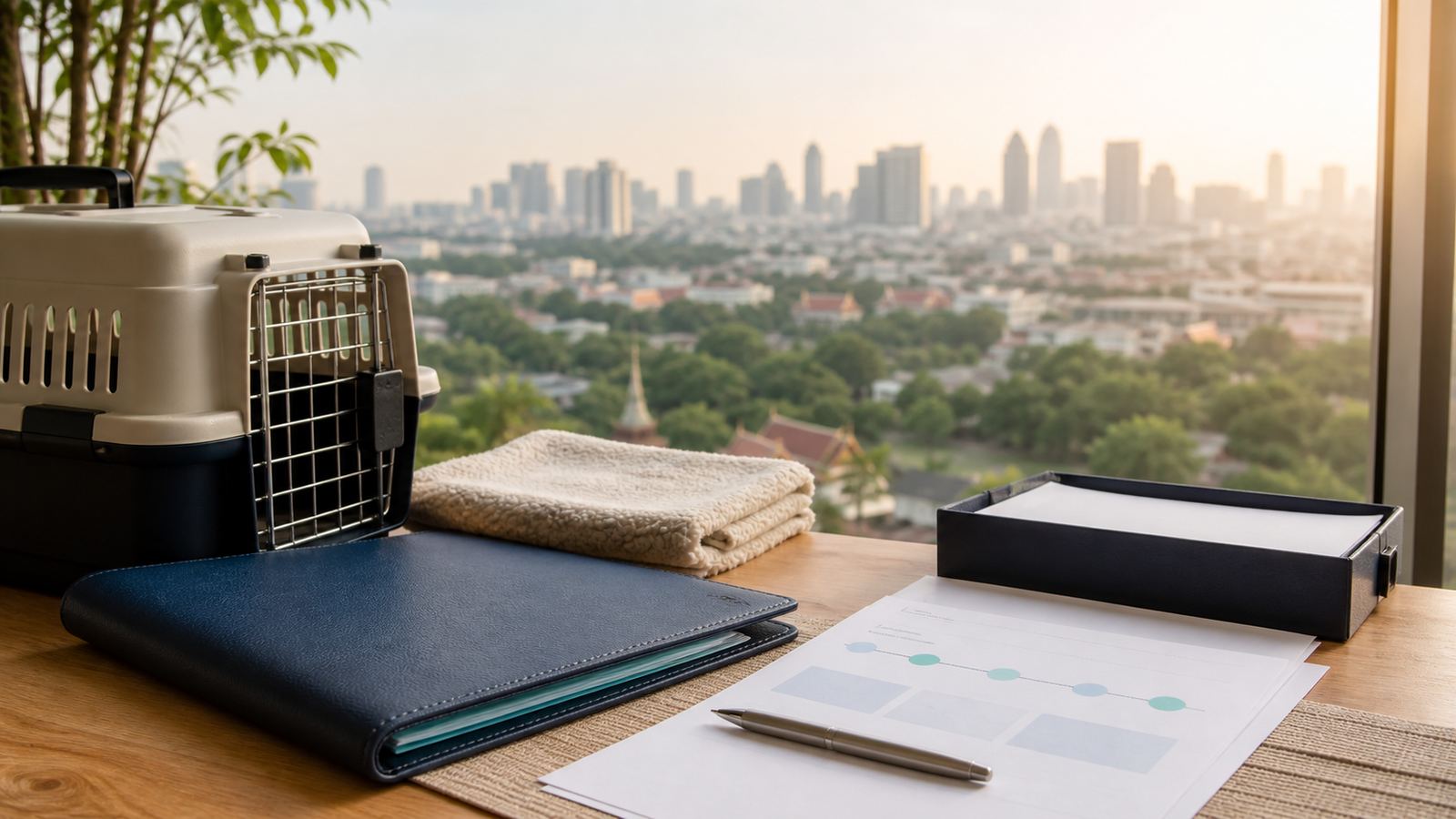 Pet travel crate, blank import papers and a navy folio on a Bangkok relocation desk