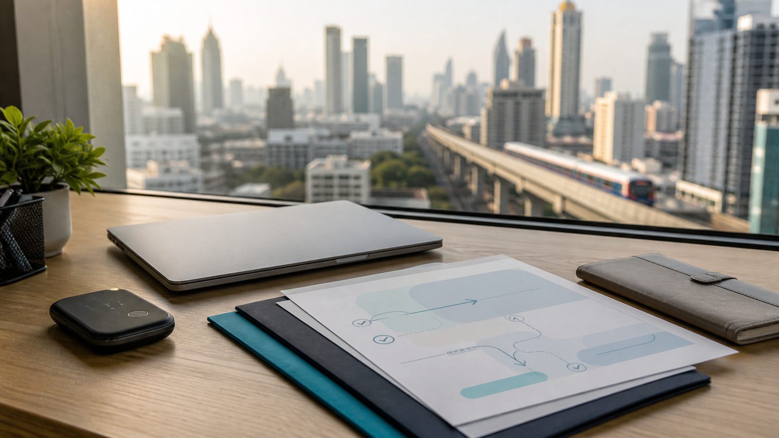 Bangkok rail skyline beyond a closed laptop, blank DTV papers and an abstract work-boundary sheet