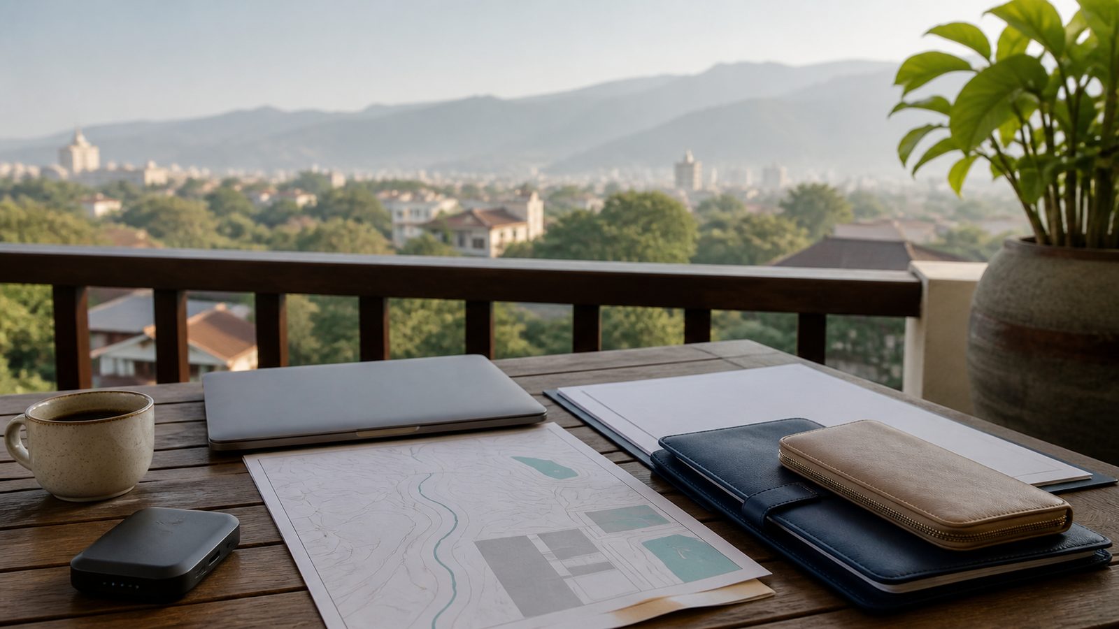 Blank planning papers, a navy folio, closed laptop and portable router on a Chiang Mai balcony with mountain haze