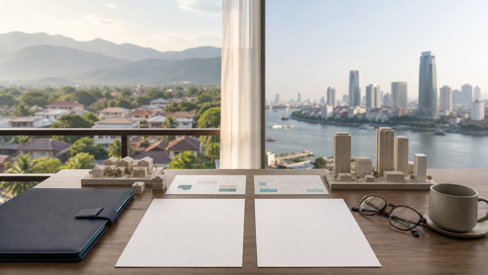 Chiang Mai mountains and Bangkok river skyline beyond blank retirement comparison papers and model buildings