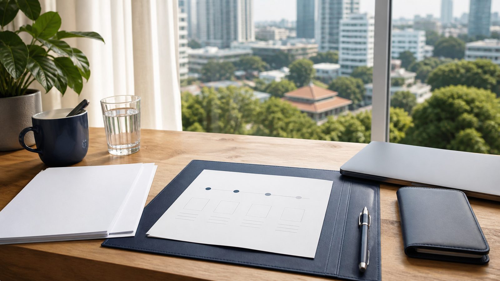 Blank DTV application planning papers, a navy folio and Bangkok skyline