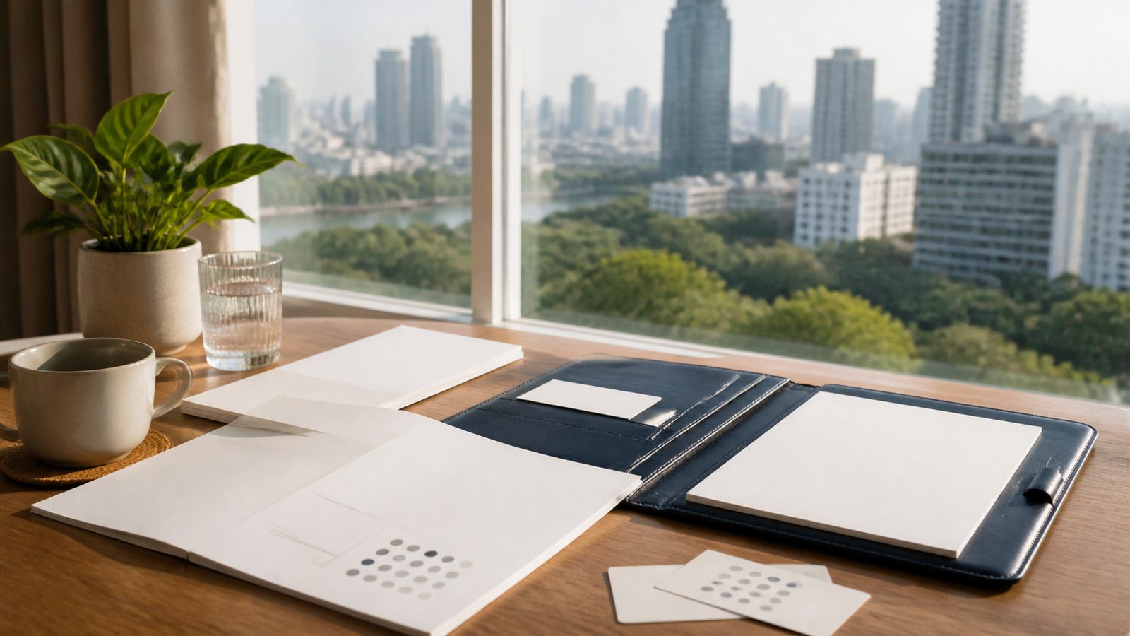 Blank healthcare planning papers, navy folio and Bangkok skyline