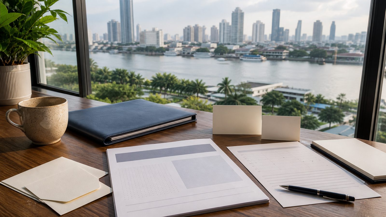 Blank retirement budget papers, navy folio and Bangkok river skyline