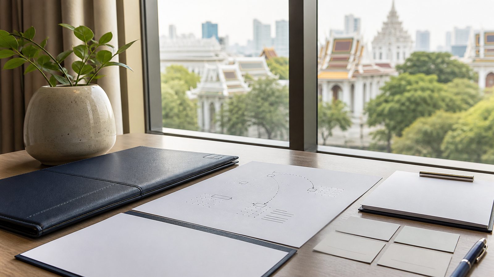 Blank currency exchange planning papers, navy folio and Bangkok architecture