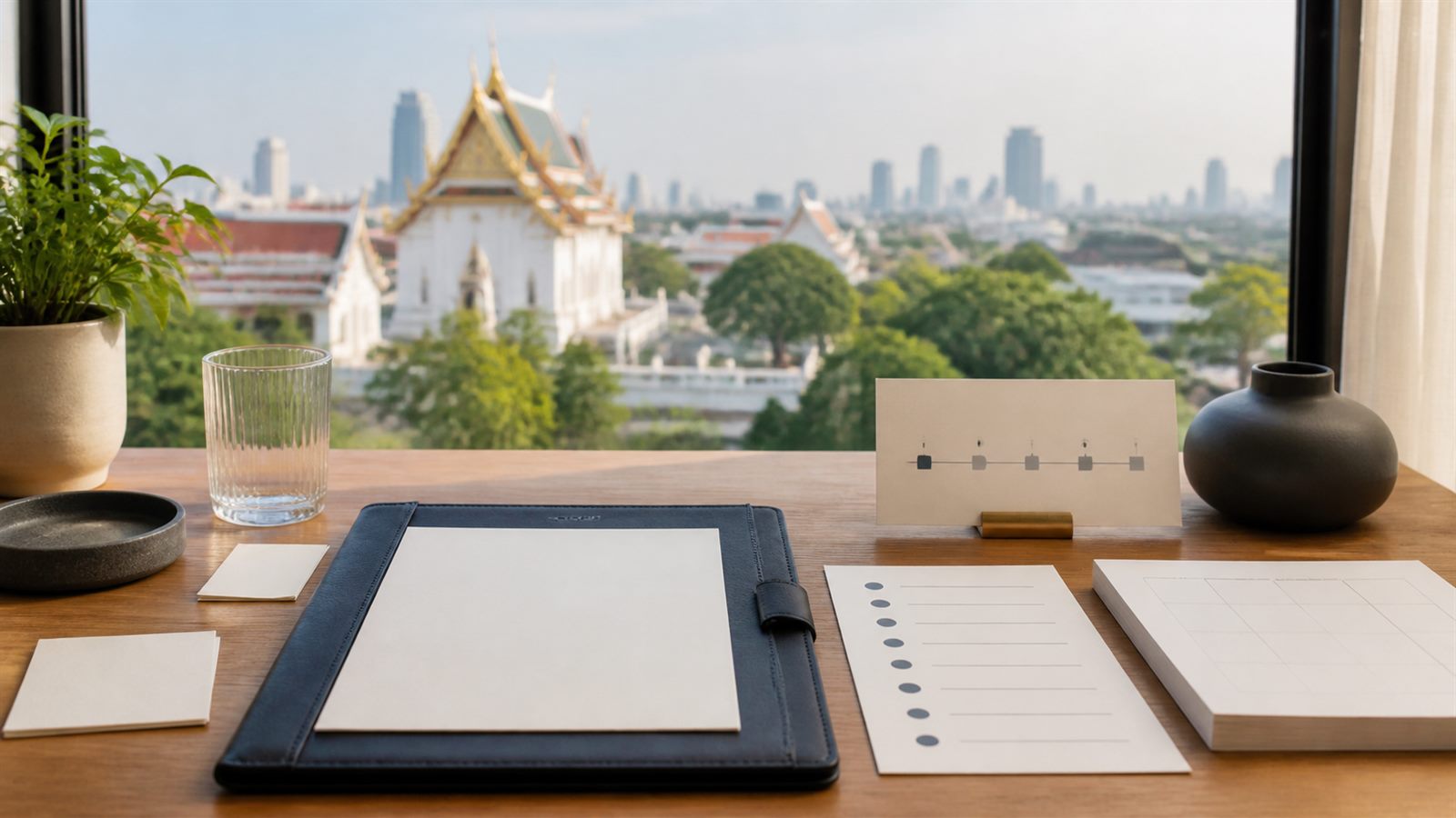 Blank visa extension planning papers, navy folio and Bangkok civic skyline