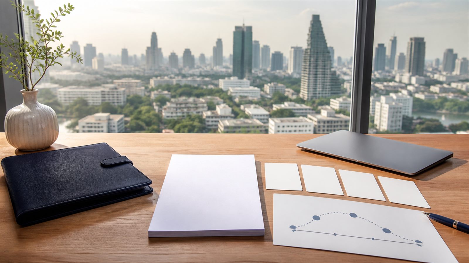 Blank LTR visa planning papers, navy folio and Bangkok skyline