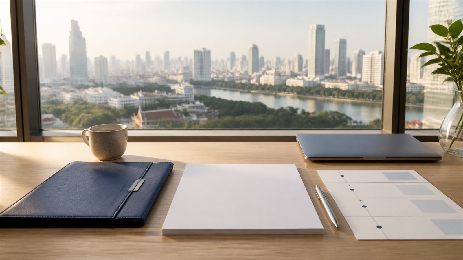 Blank LTR visa update papers, navy folio and Bangkok river skyline