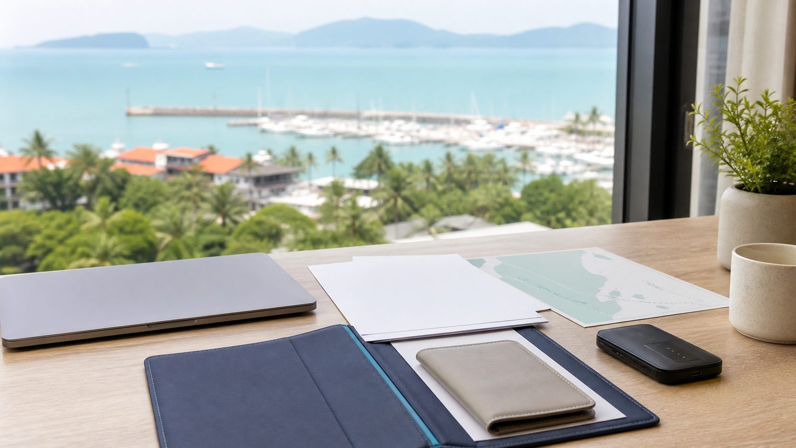 Blank planning papers, a navy folio, closed laptop and portable router on a bright Phuket desk overlooking the sea