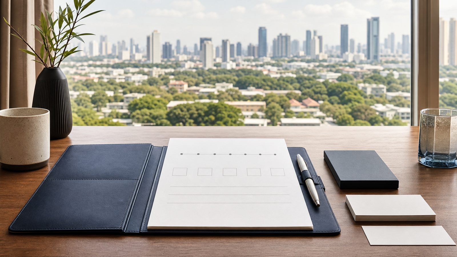 Blank income tax planning papers, navy folio and Bangkok skyline