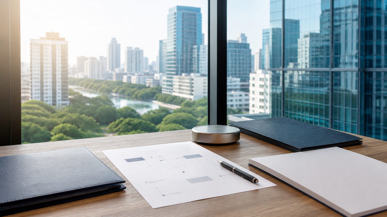 Blank investor visa planning papers, navy folio and Bangkok business skyline