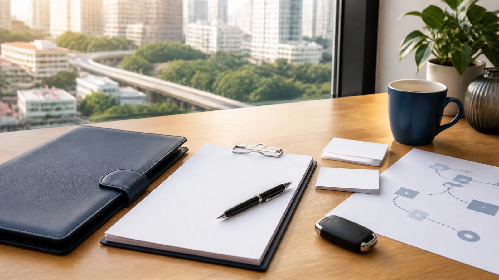 Blank driving licence planning papers, navy folio and Bangkok road view