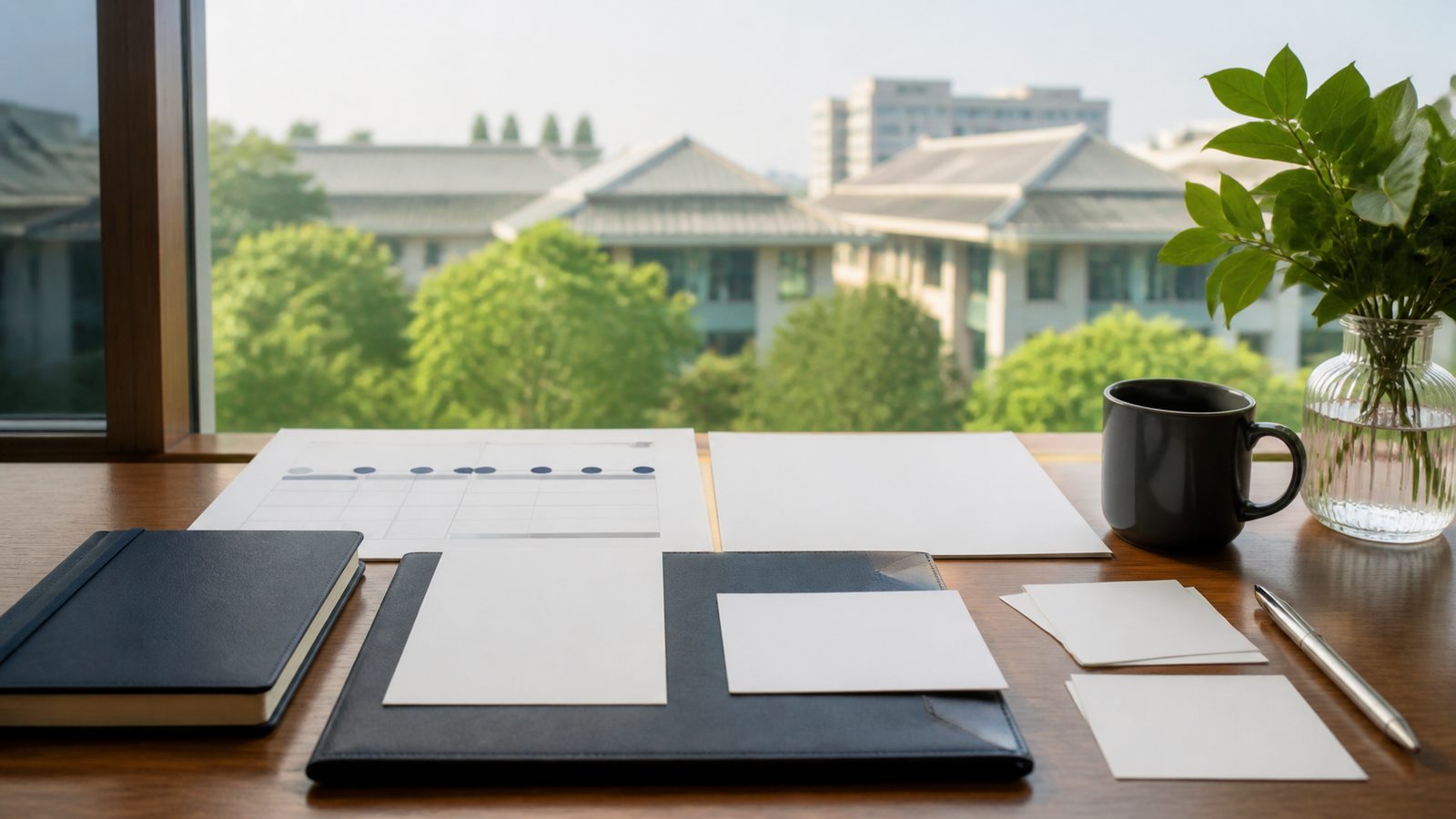 Blank education visa planning papers, navy folio and campus architecture