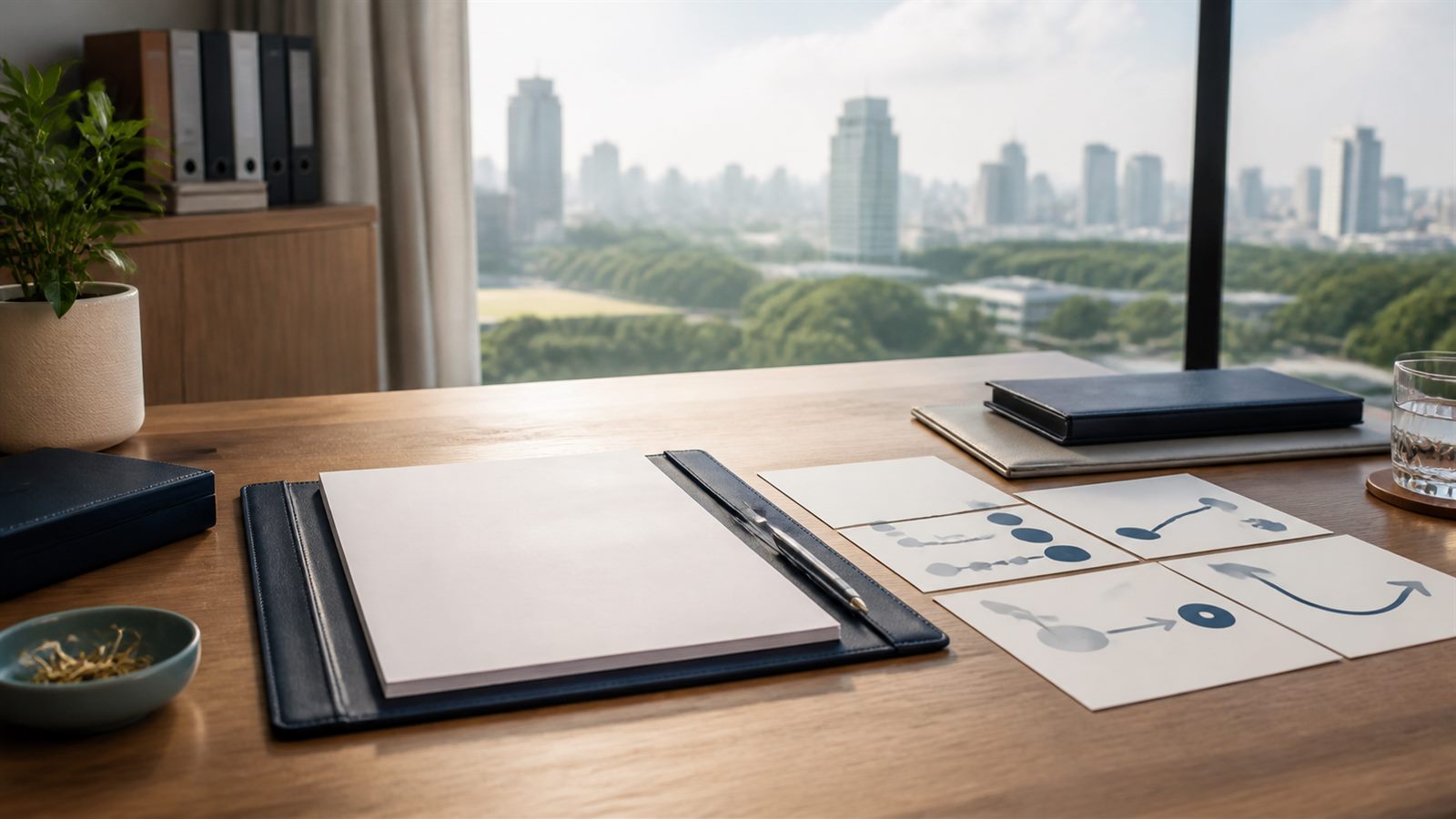 Blank long-term resident visa planning papers, navy folio and Bangkok skyline