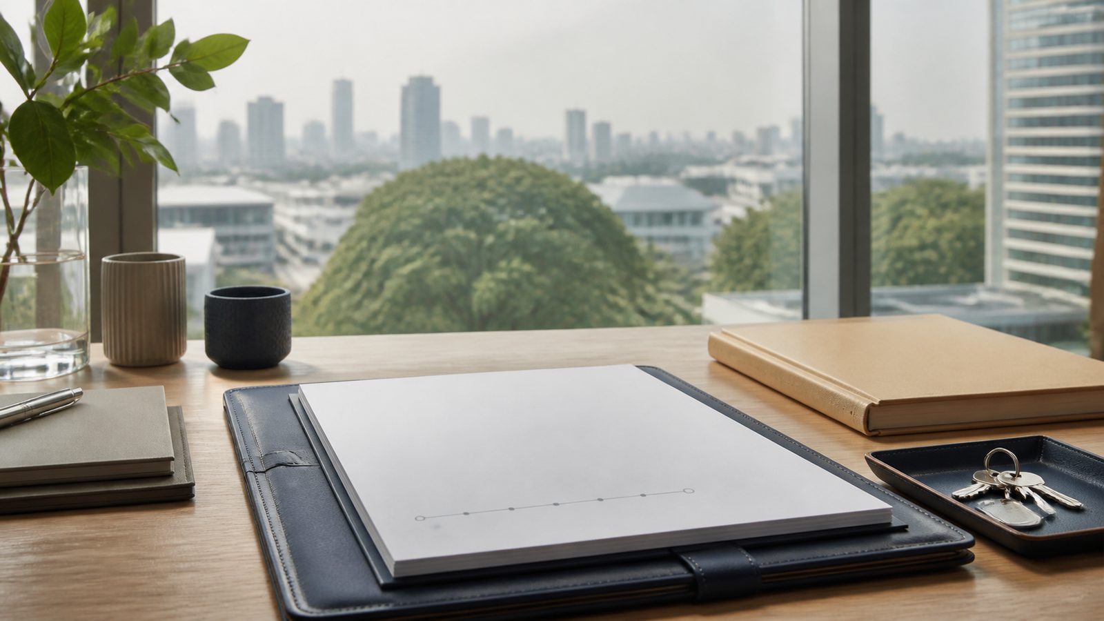 Blank residency planning papers, navy folio and key tray overlooking the Bangkok skyline