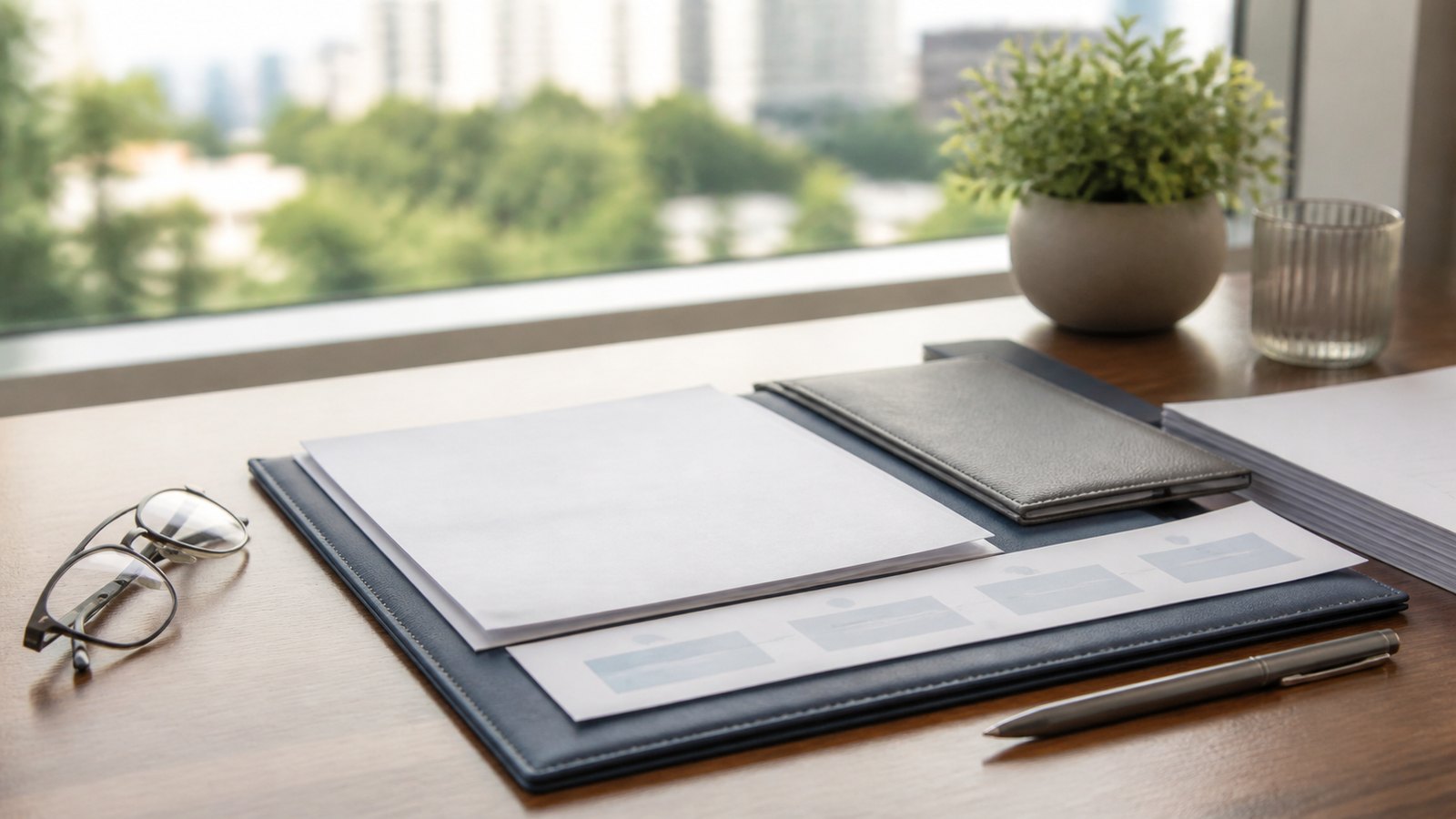 Blank retirement visa checklist papers, a navy folio, reading glasses and unmarked financial pages on a Thailand planning desk