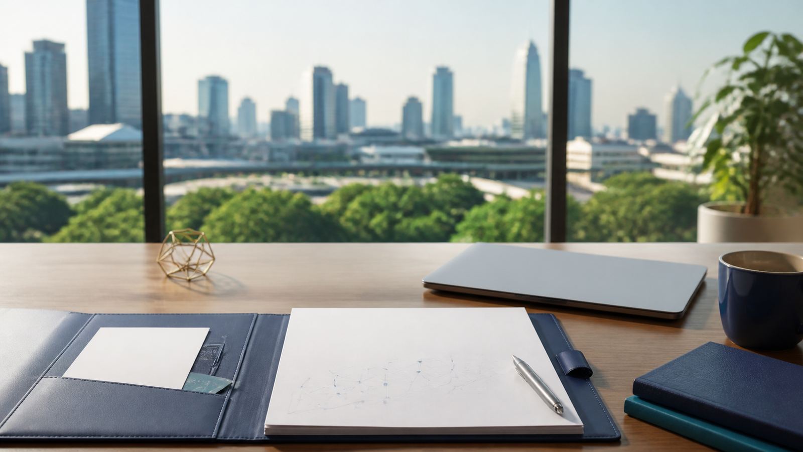 Blank Smart Visa planning papers, navy folio and closed laptop overlooking Bangkok