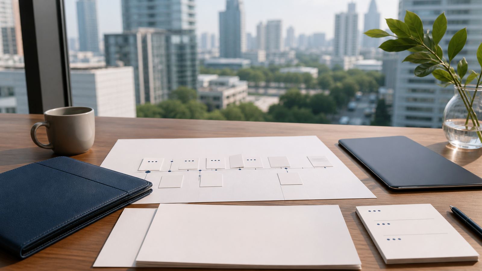 Blank visa update papers, navy folio and timeline cards beside a Bangkok skyline