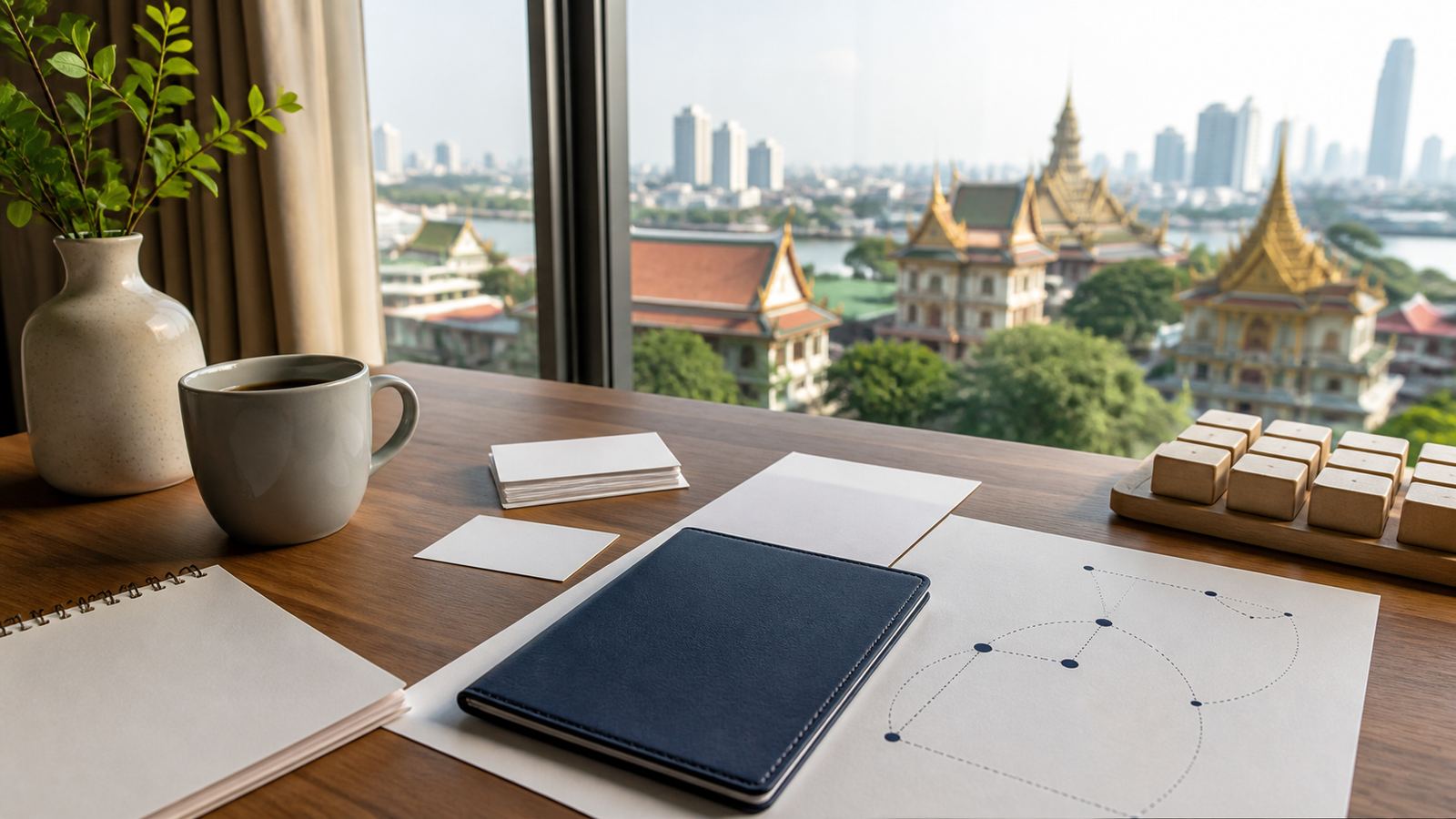 Blank travel planning papers, navy folio and route marks overlooking Bangkok