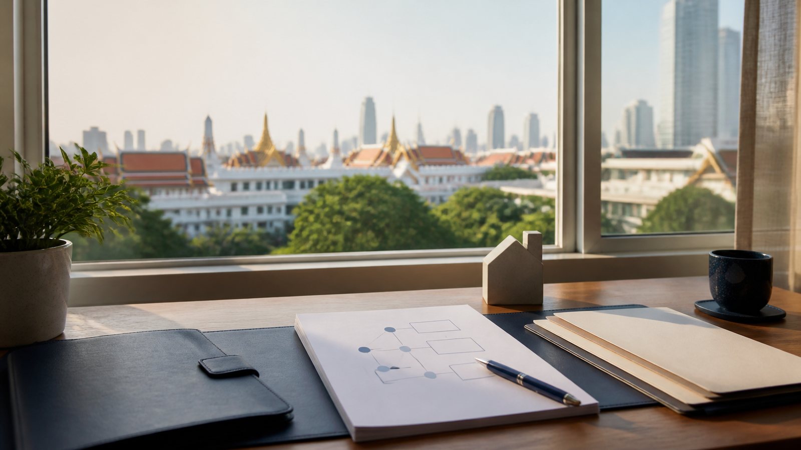 Blank family-status planning papers, navy folio and paper house overlooking Bangkok