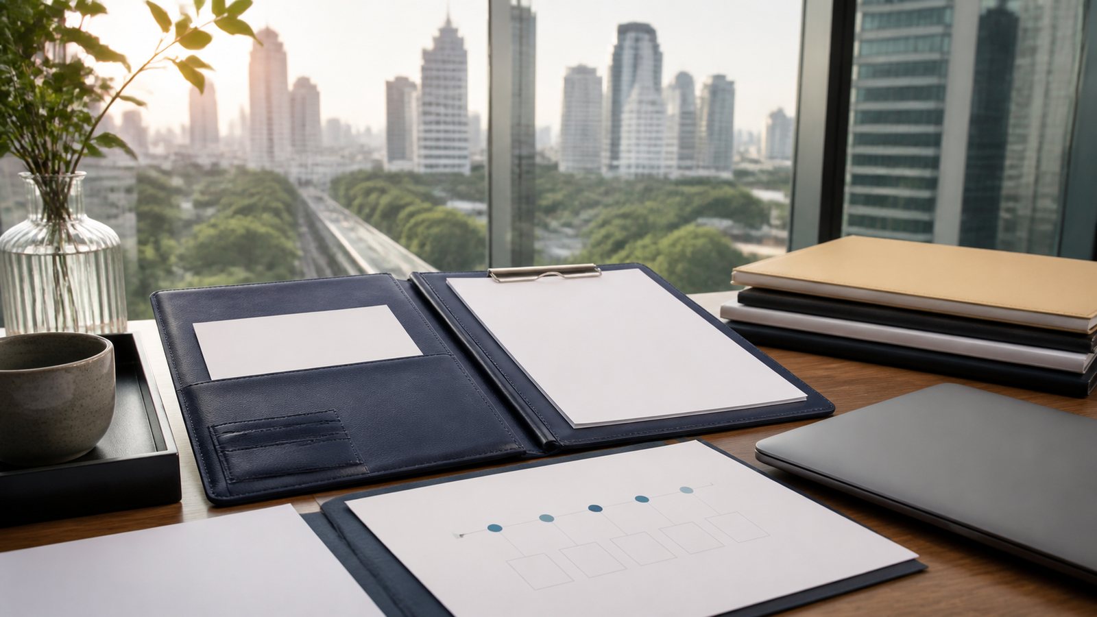 Blank work permit coordination papers, navy folio and closed laptop overlooking Bangkok