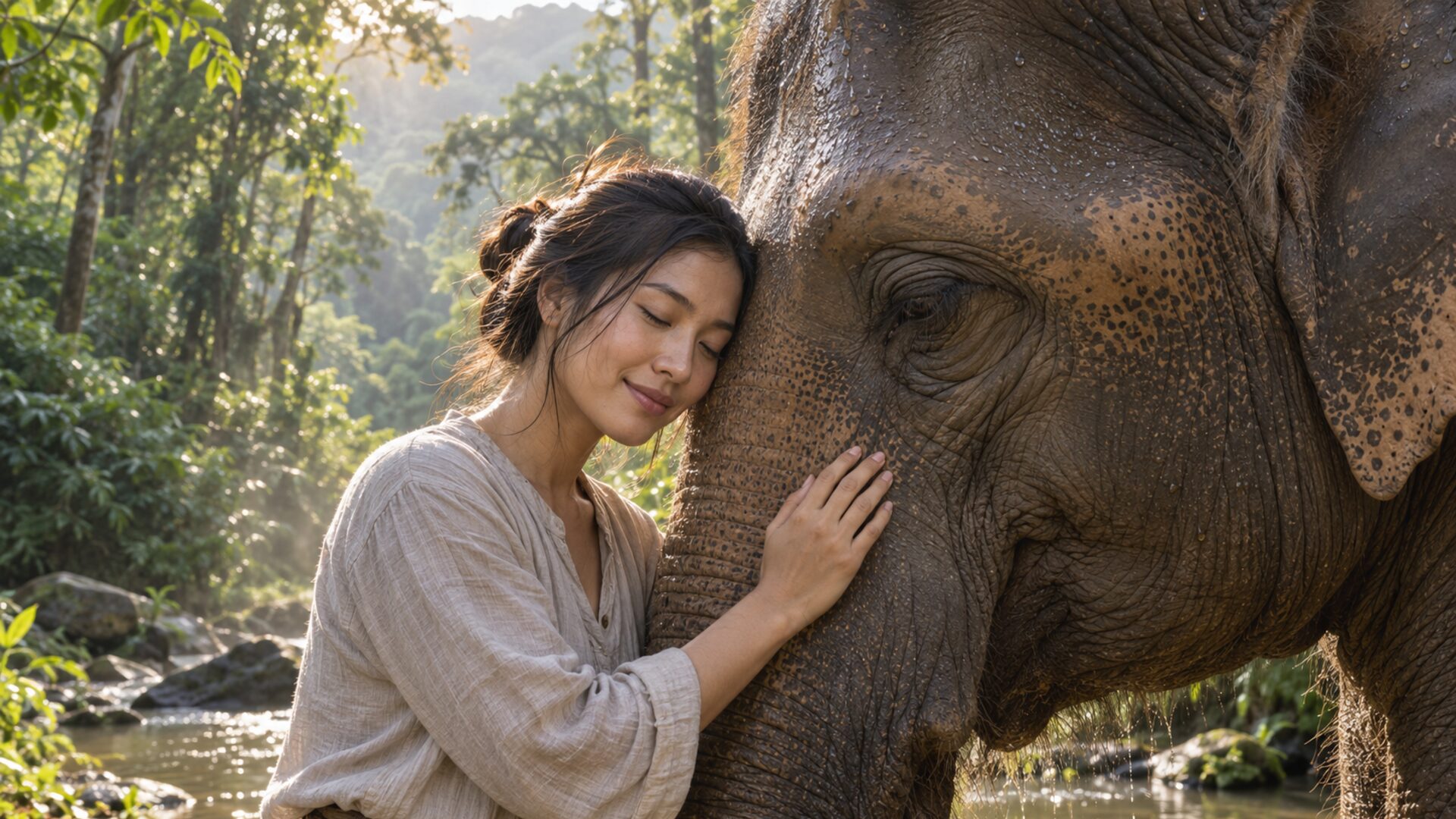 Thai woman sharing a quiet moment with an Asian elephant at a forest sanctuary