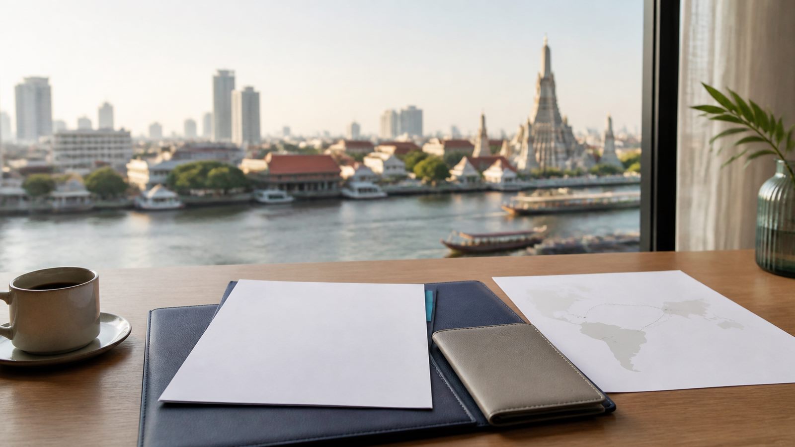Blank visa papers, a navy folio and an abstract South America route sheet beside the Bangkok river