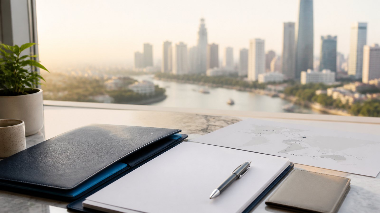 Blank visa papers, a navy folder and an abstract Southeast Asia route sheet on a desk overlooking Bangkok