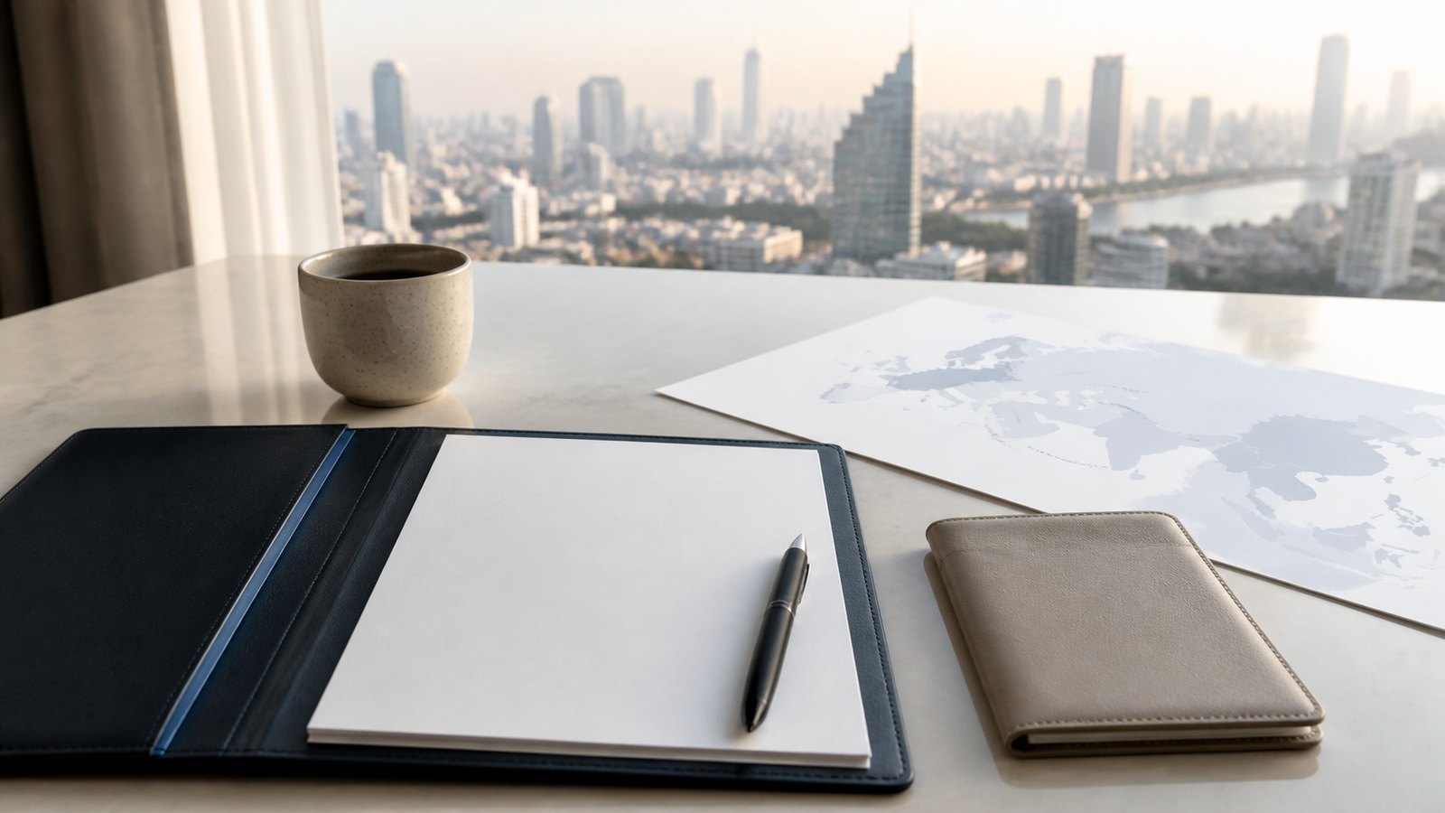 Blank visa papers, a navy folder and an abstract Europe-to-Thailand route sheet on a desk overlooking Bangkok