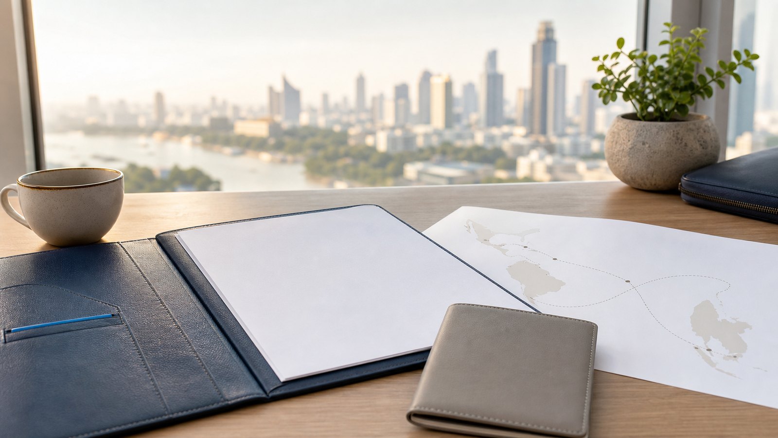Blank visa papers, a navy folder and an abstract Central Europe-to-Thailand route map on a bright Bangkok desk