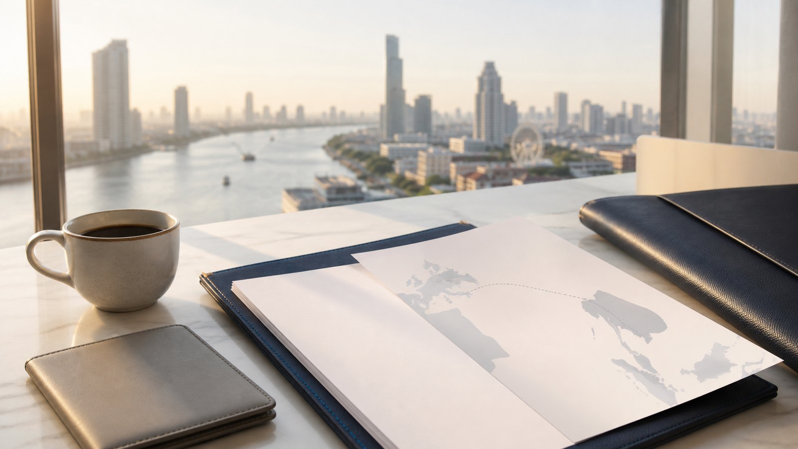 Blank visa papers, a navy folio and an abstract Northern Europe-to-Thailand route sheet beside the Bangkok river