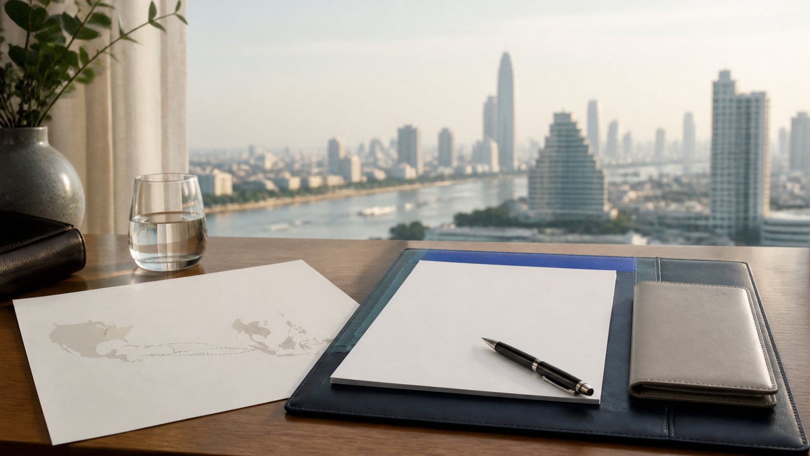 Blank visa papers, a navy folio and an abstract Caribbean-to-Thailand route map on a desk above the Bangkok river