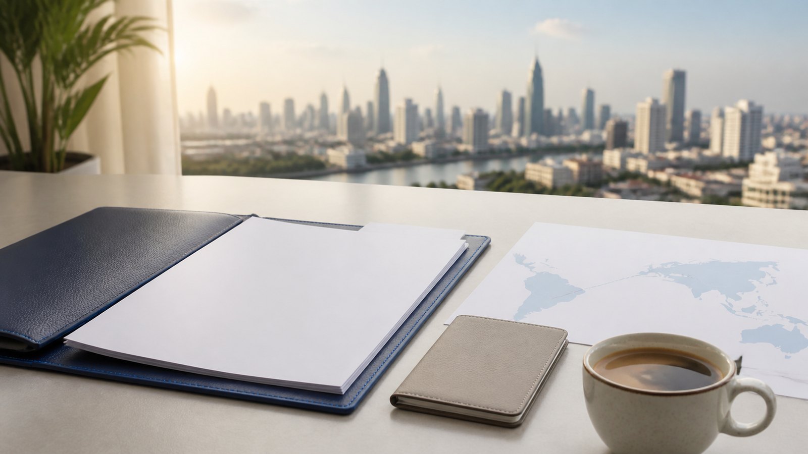 Blank visa papers, a navy folder and an abstract South America-to-Thailand route sheet on a bright Bangkok desk