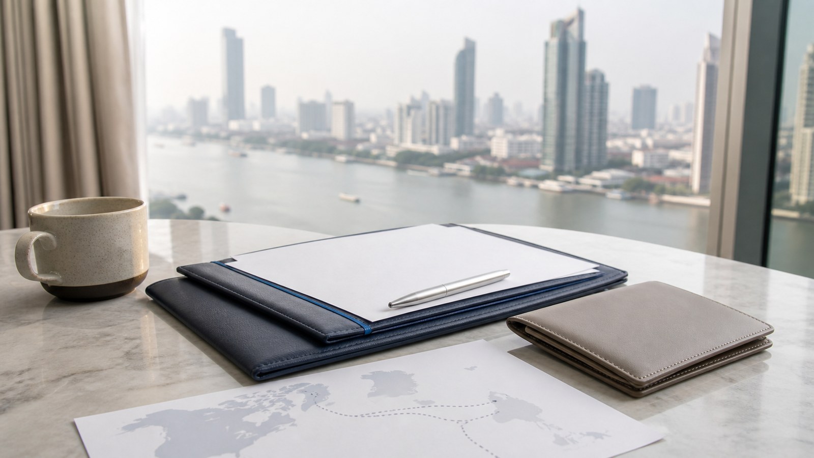 Blank visa papers, a navy folio and an abstract Northern Europe-to-Thailand route map on a desk beside the Bangkok river