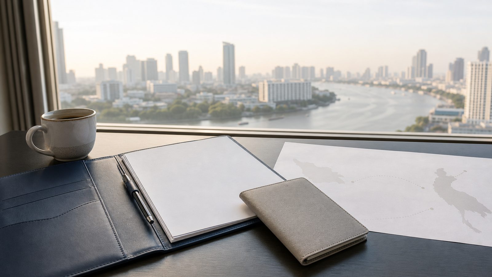 Blank visa papers, a navy folio and an abstract Caucasus-to-Thailand route sheet overlooking Bangkok