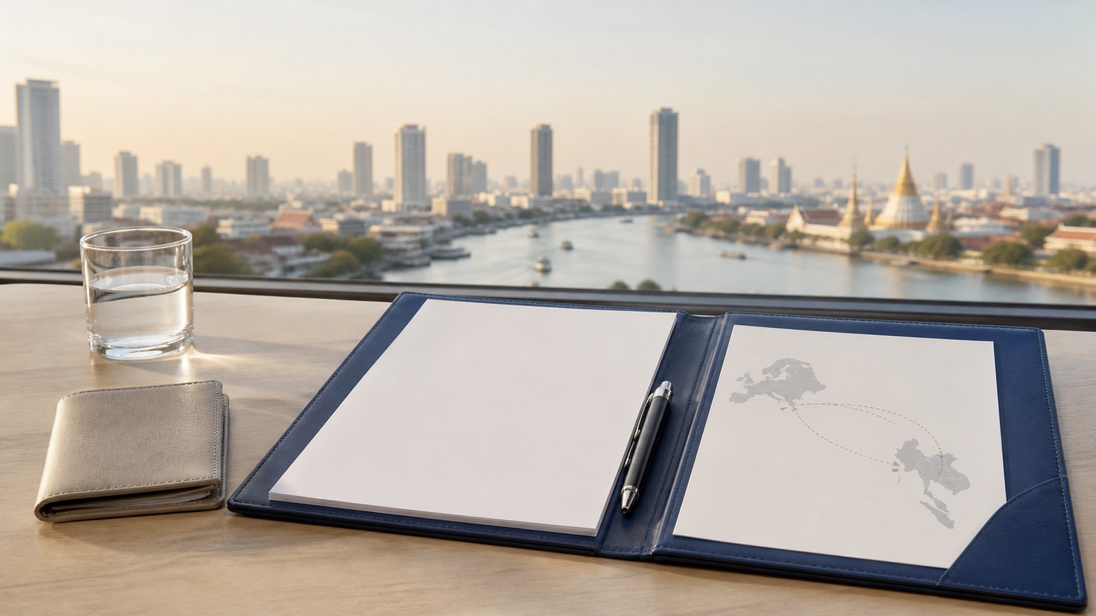 Blank visa papers, a navy folder and an abstract Central Europe-to-Thailand route sheet overlooking Bangkok