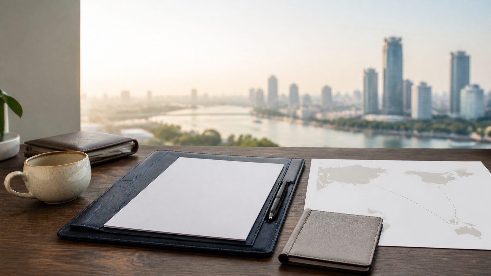 Blank visa papers, a navy folio and an abstract West Asia-to-Thailand route sheet beside the Bangkok river
