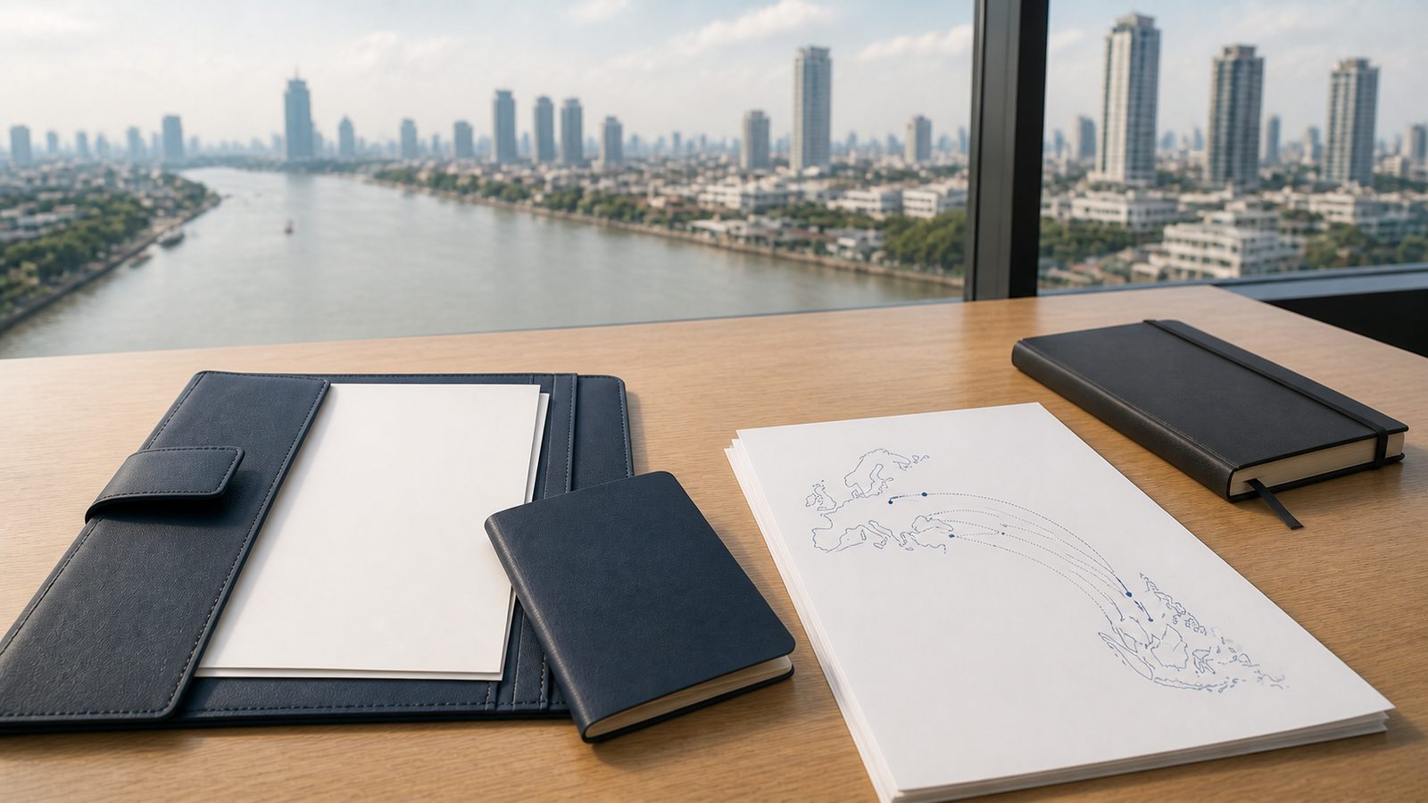 Blank visa planning papers, a navy folio and an abstract Poland to Thailand route sheet overlooking Bangkok