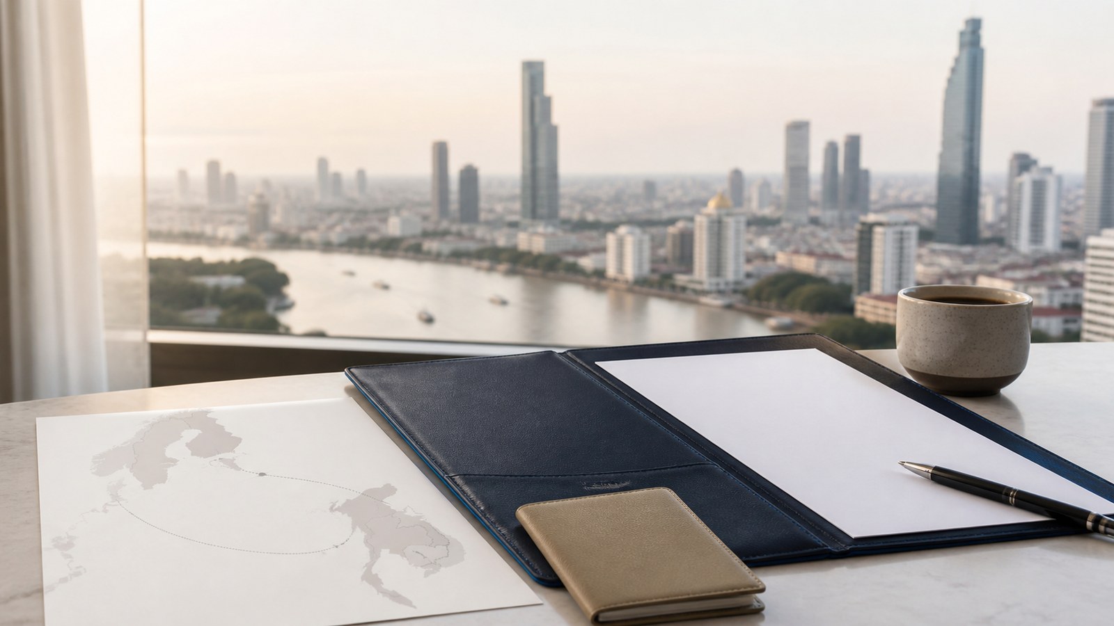 Blank visa papers, a navy folio and an abstract Northern Europe-to-Thailand route map on a desk beside the Bangkok river