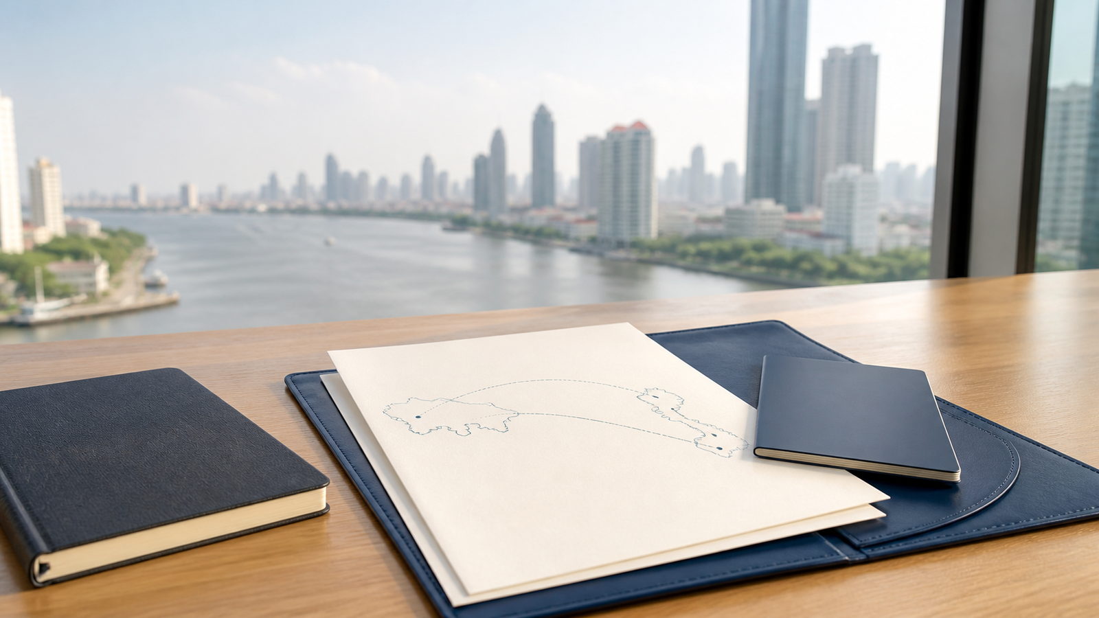Blank visa planning papers, a navy folio and an abstract Turkey to Thailand route sheet overlooking Bangkok