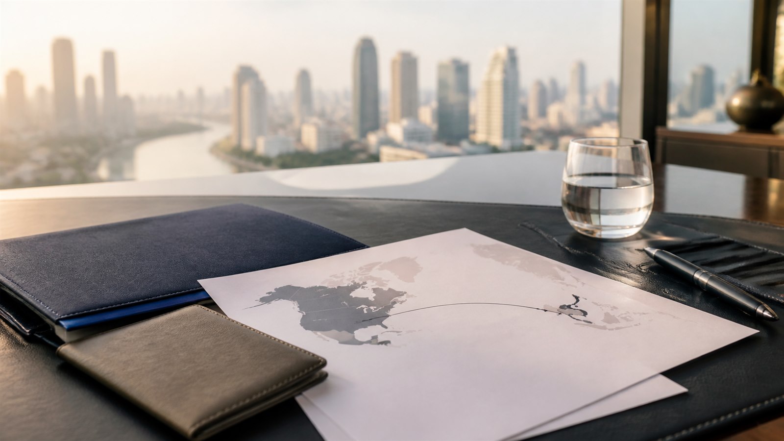 Blank visa paperwork, a navy folder and an abstract North America-to-Thailand route map on a desk above Bangkok