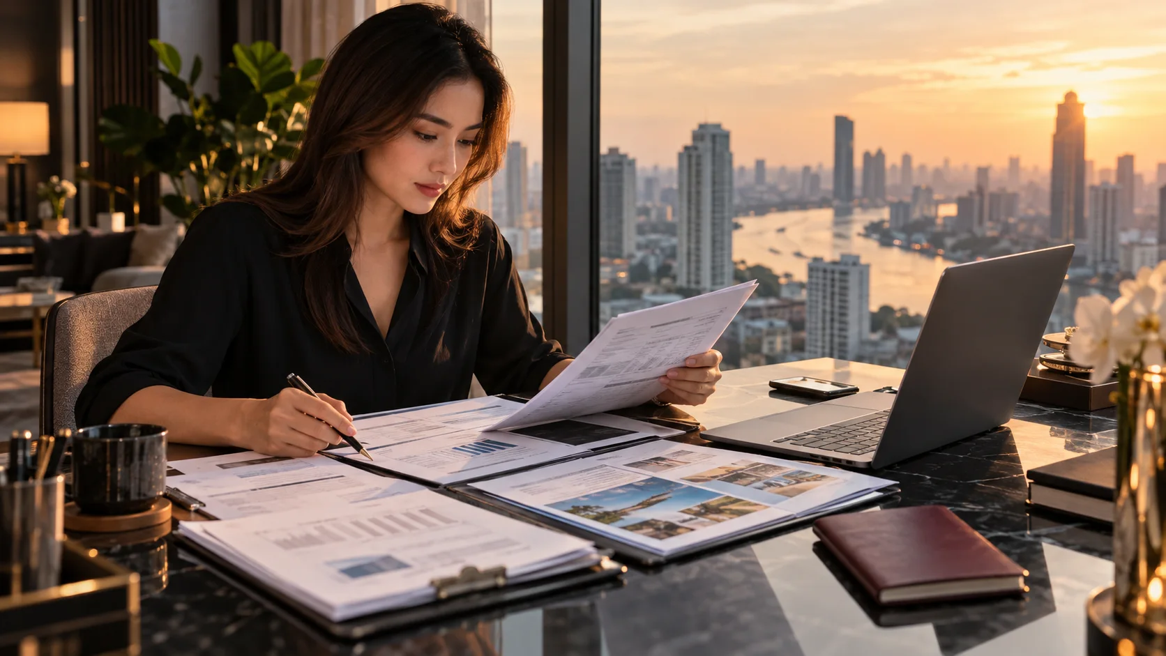 A professional reviewing organised visa evidence at a Bangkok workspace