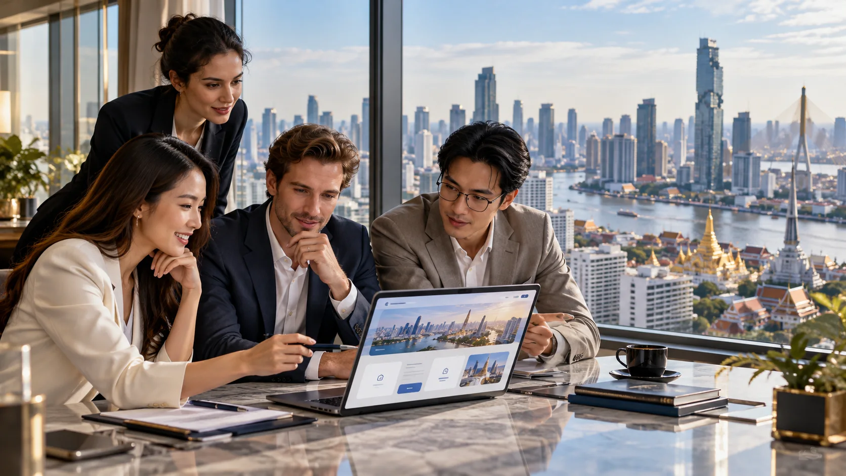 International professionals reviewing a digital relocation platform above Bangkok