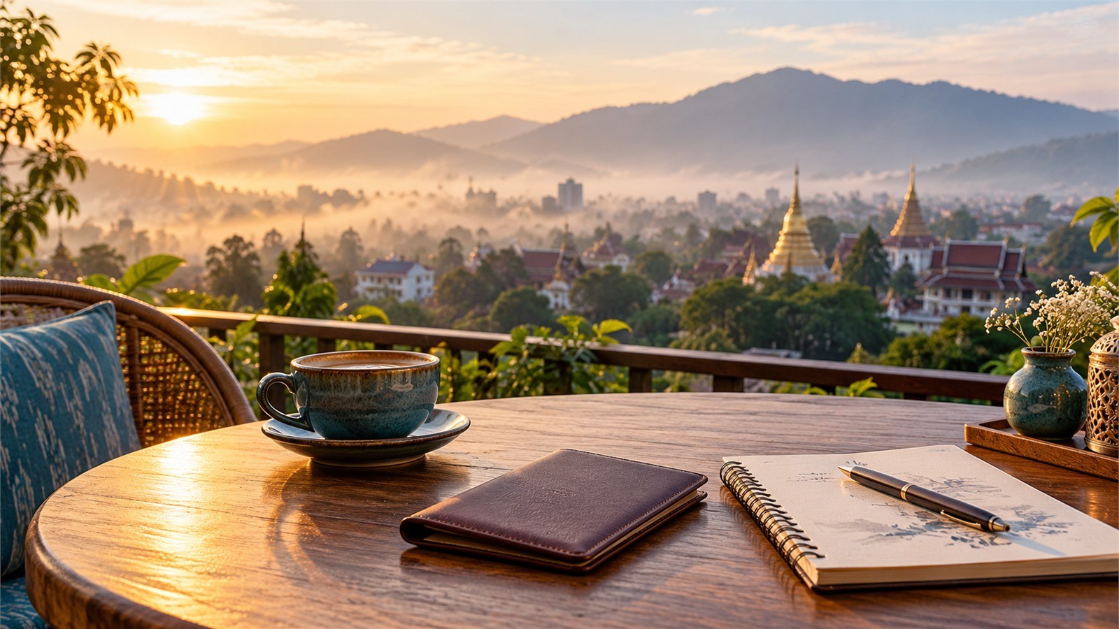 Notebook, travel folder and coffee overlooking Chiang Mai temples and mountains at sunrise