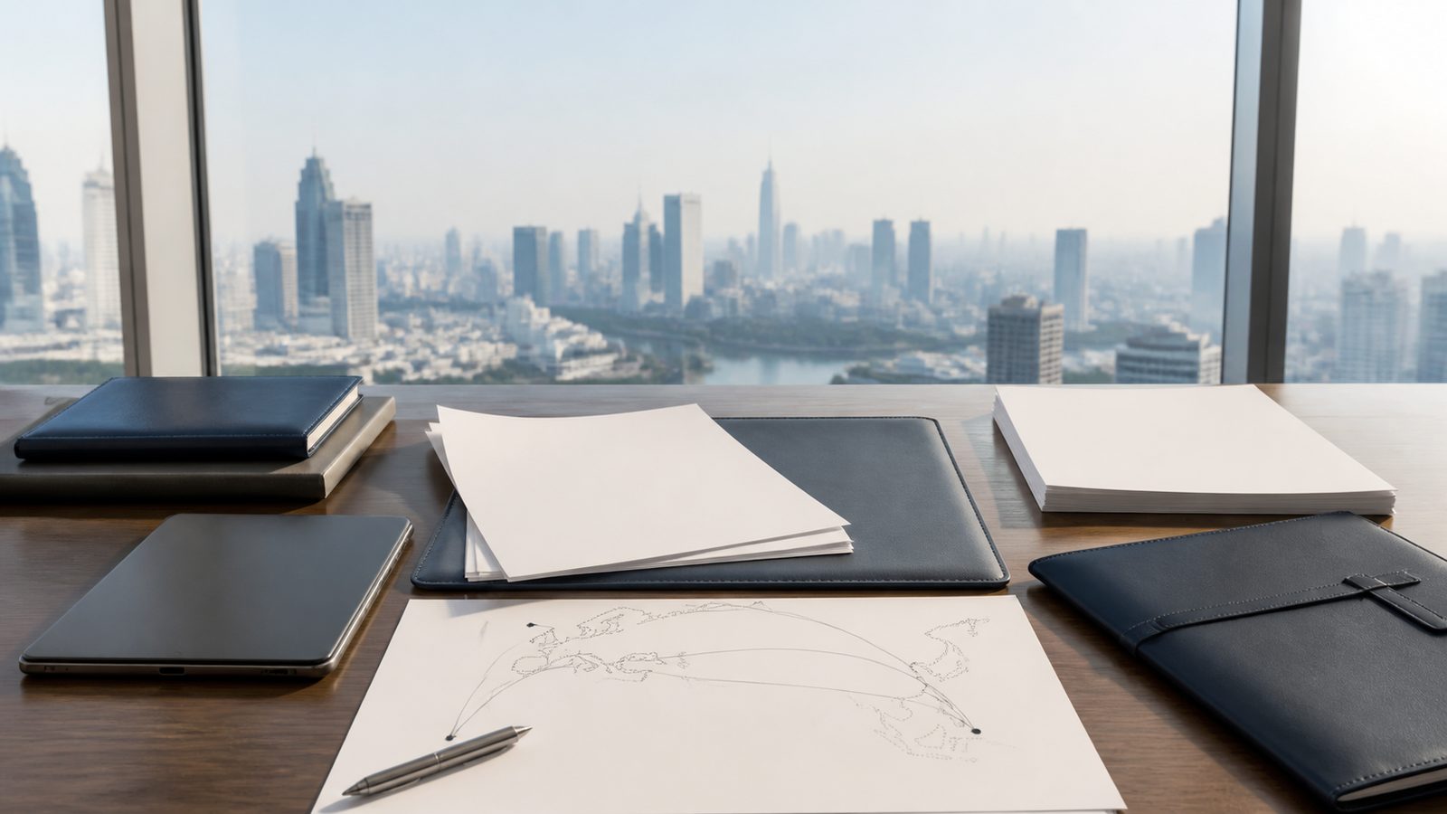 Blank business visa planning papers, a navy folder and an abstract Europe to Thailand route sheet overlooking Bangkok
