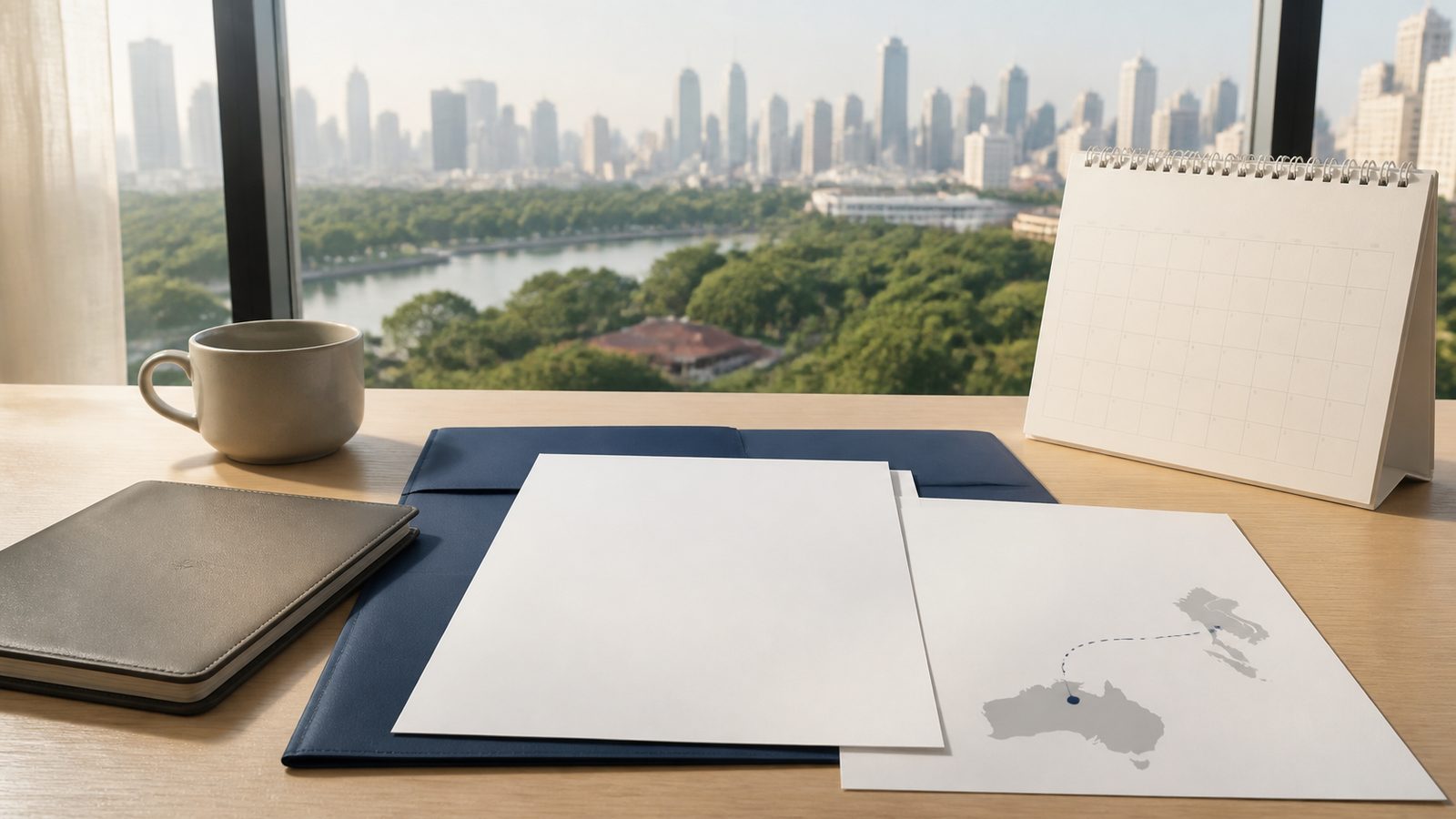 Blank tourist visa planning papers, a navy folder and abstract Australia to Thailand route marks on a Bangkok desk