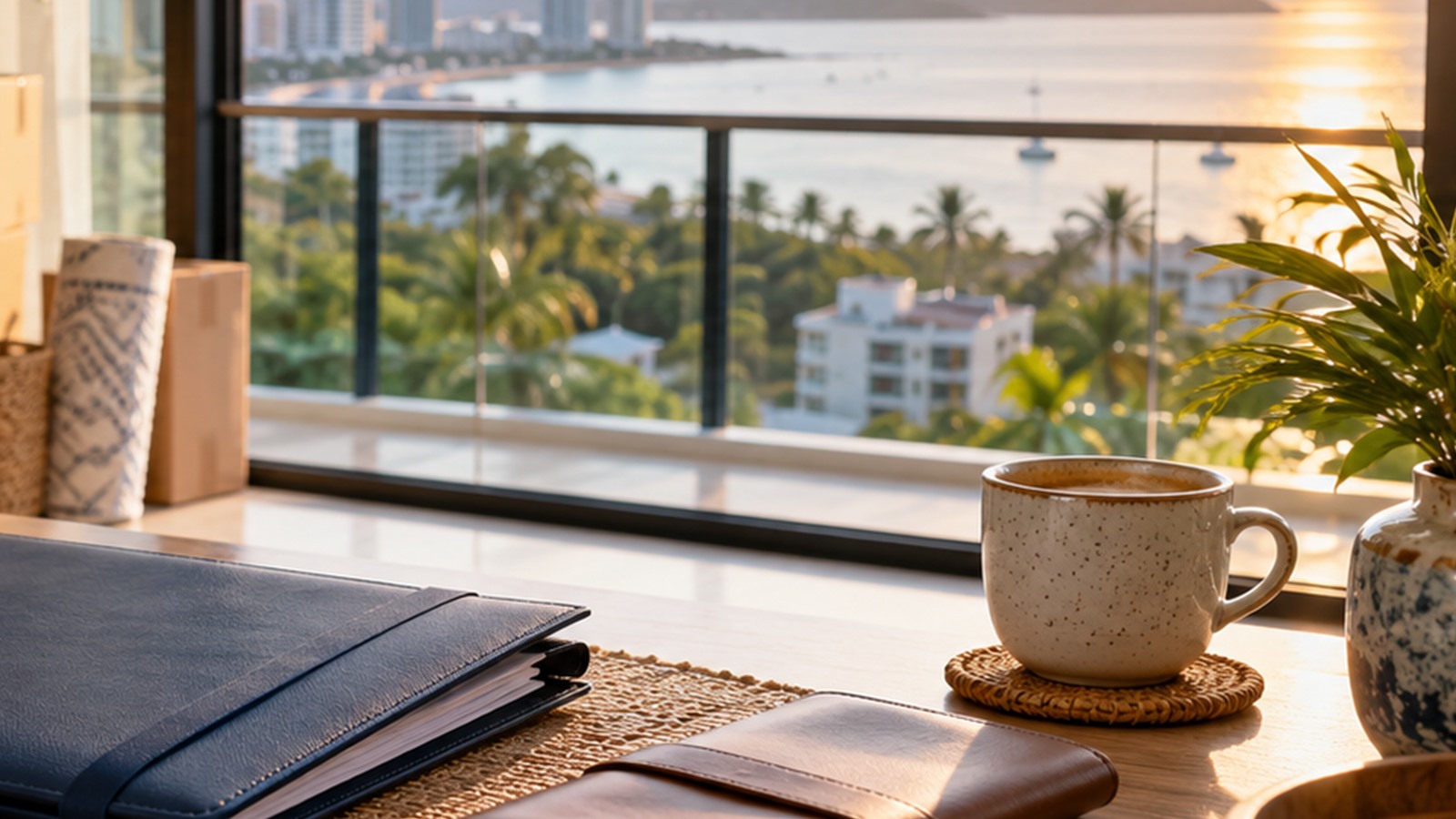 Moving boxes, a travel folder and coffee overlooking a Thai coastal city at sunset